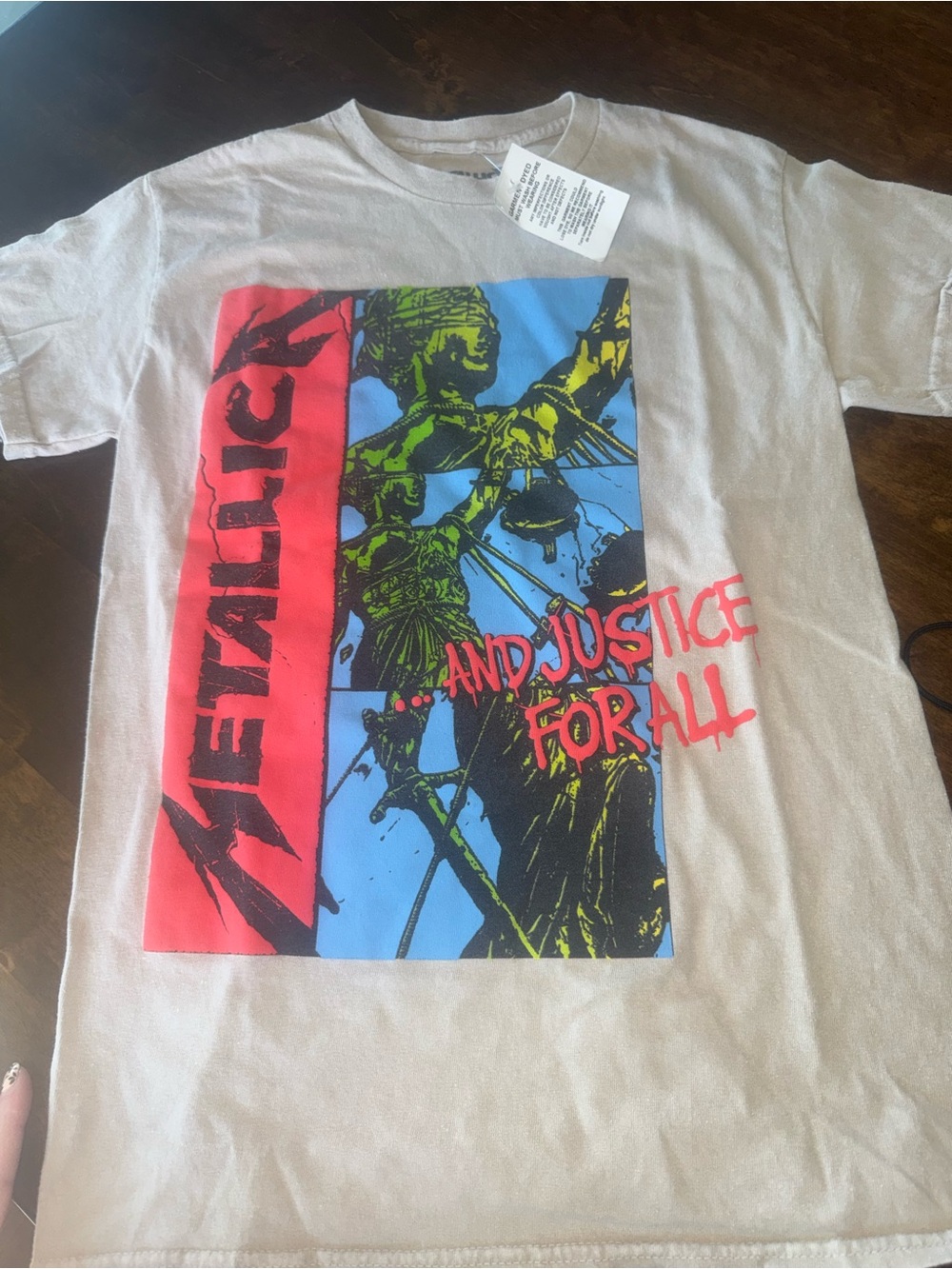 Unisex Fashion Nova Beige Tee with Red, Blue & Green Metallica Graphic